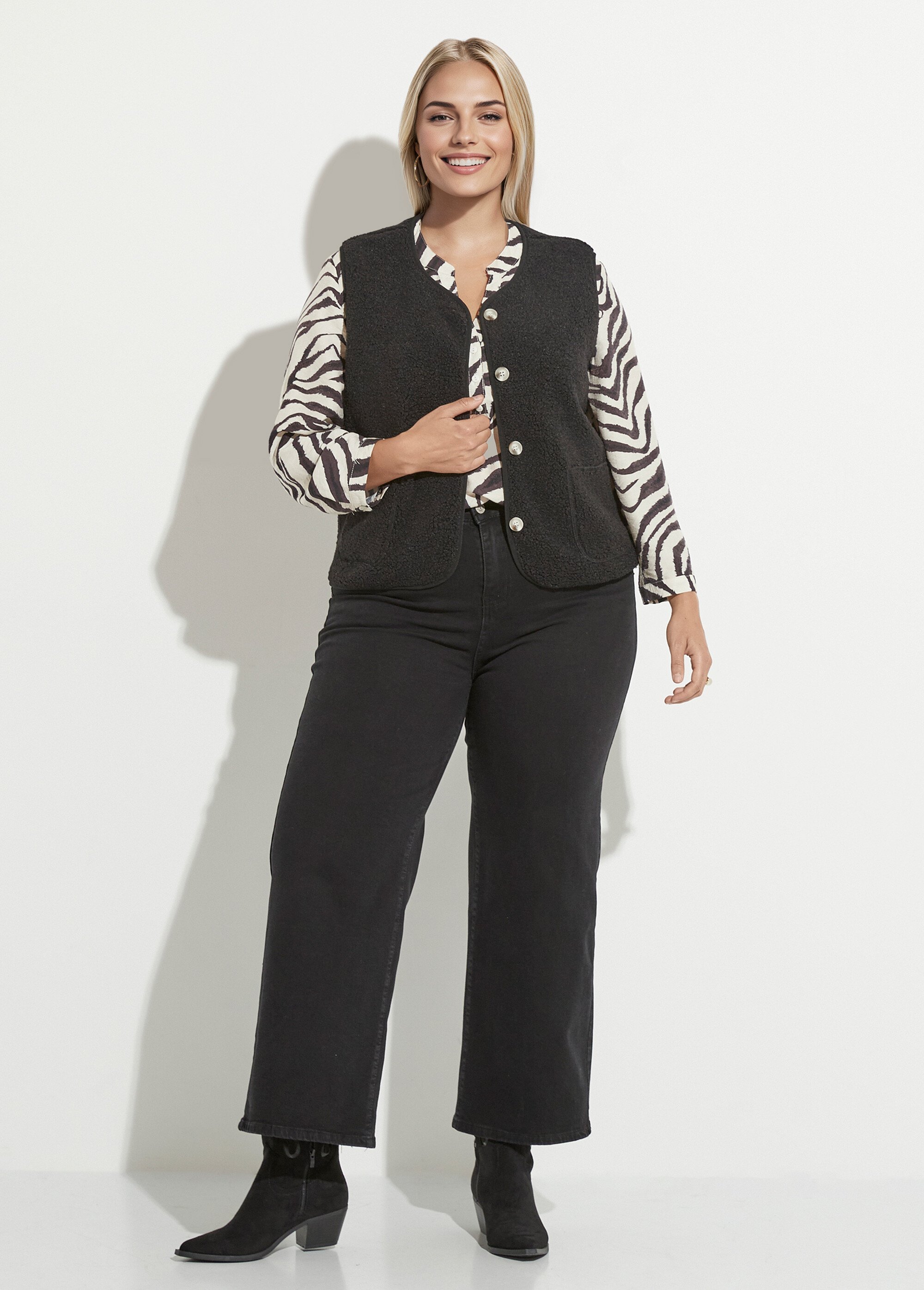 Gilet de berger sans manches, uni Femme Grande Taille Noir MAE-M286-5-1677 SF1