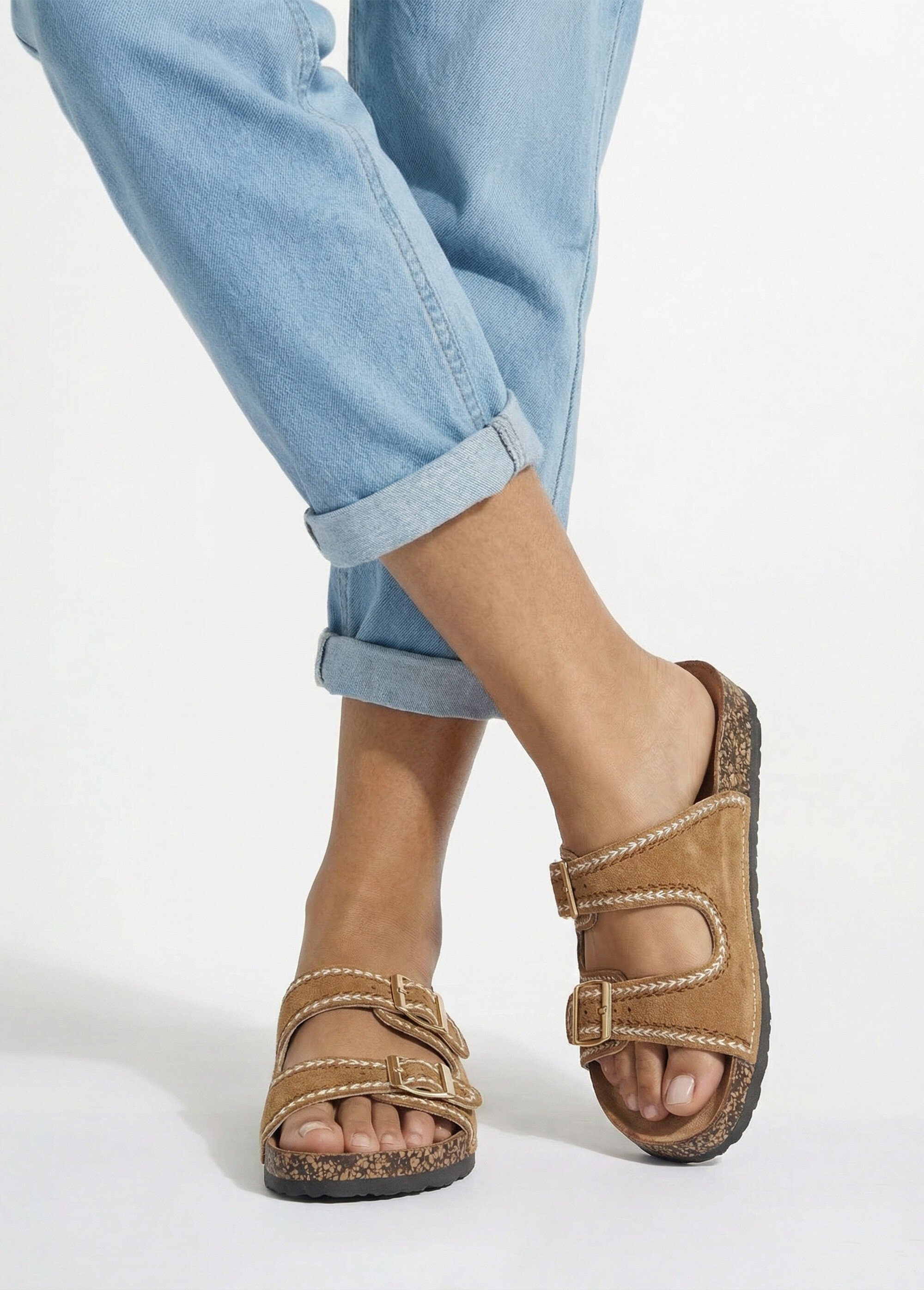 Mules folk à boucles, semelle type liège Femme Marron ERYLS-615 SI1