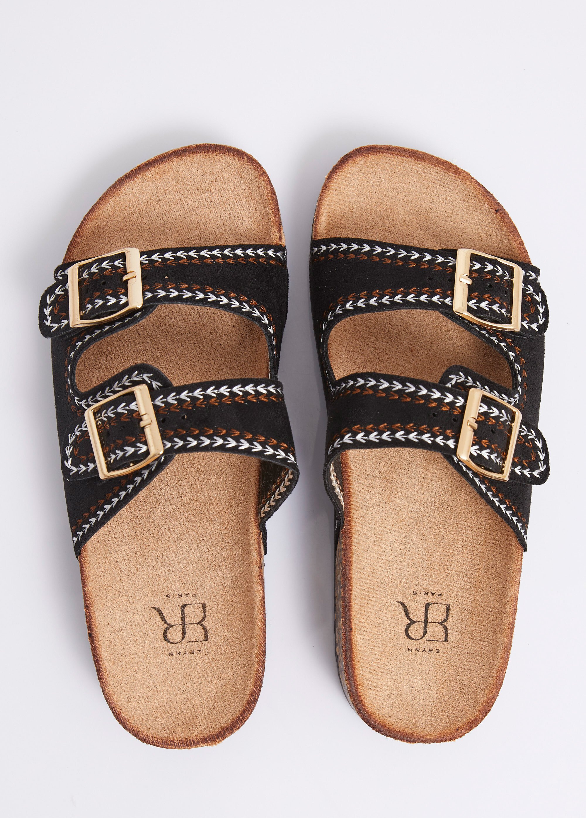 Mules folk à boucles, semelle type liège Femme Noir ERYLS-615 OV1