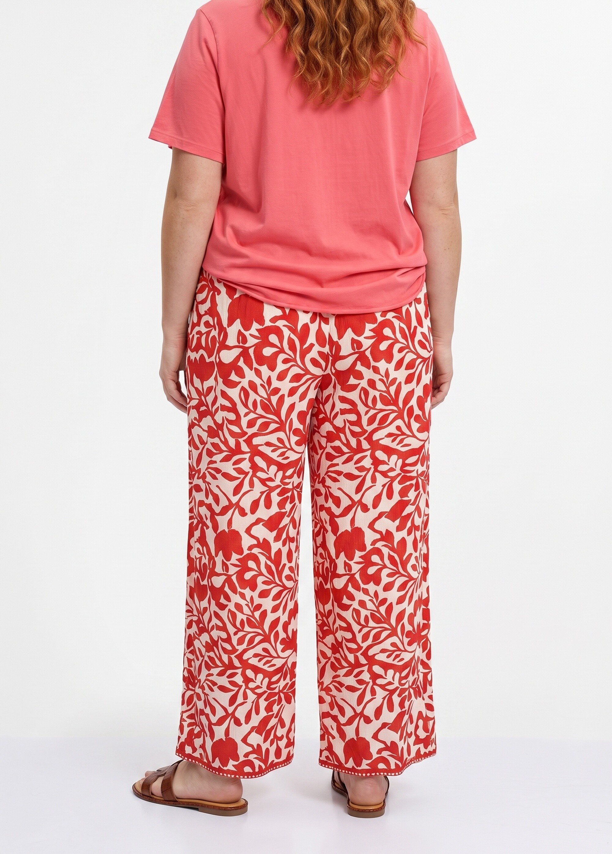 Pantalon taille haute imprimé feuillage Femme Grande Taille Orange MA-718-2597 DO1
