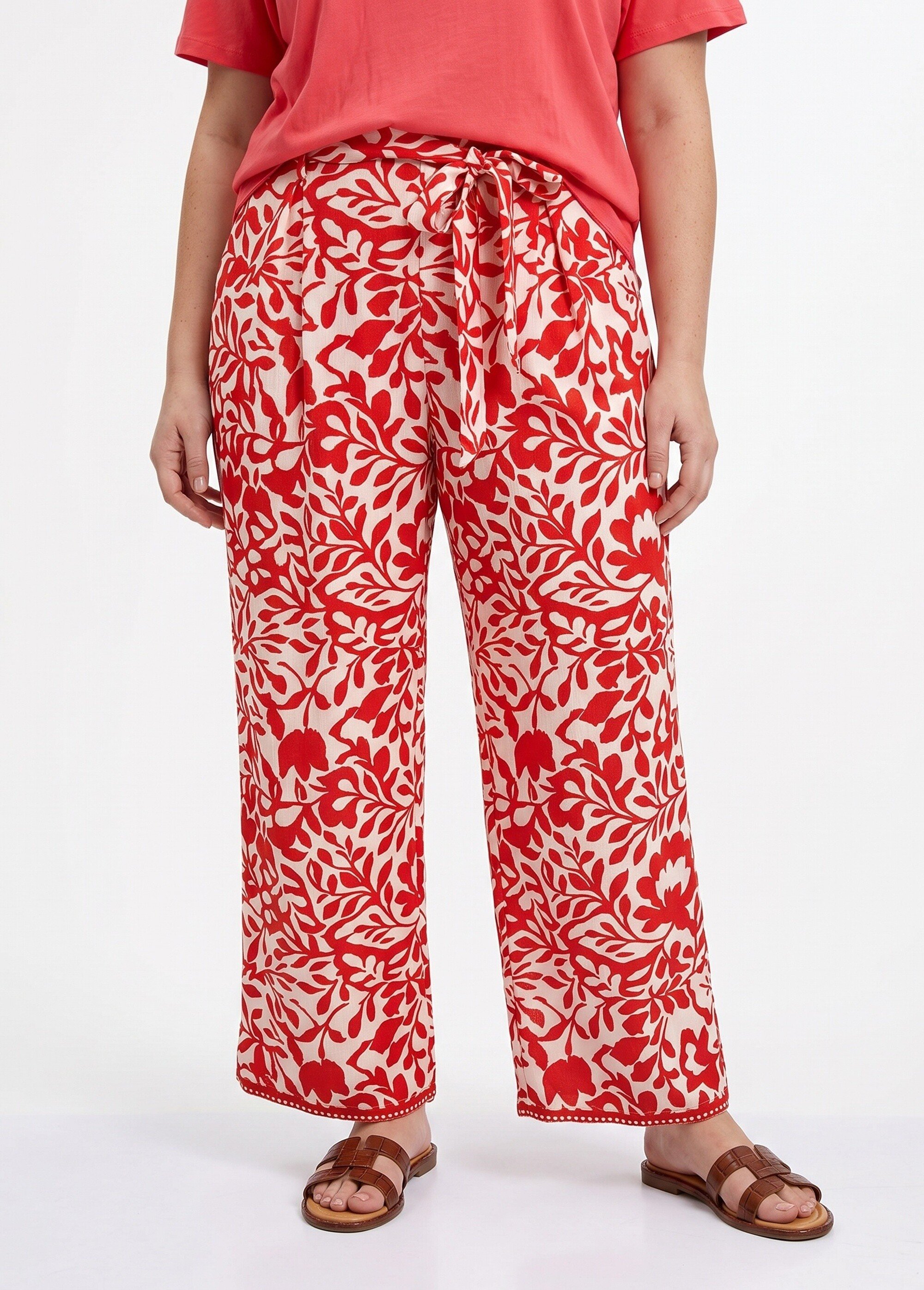 Pantalon taille haute imprimé feuillage Femme Grande Taille Orange MA-718-2597 FA1
