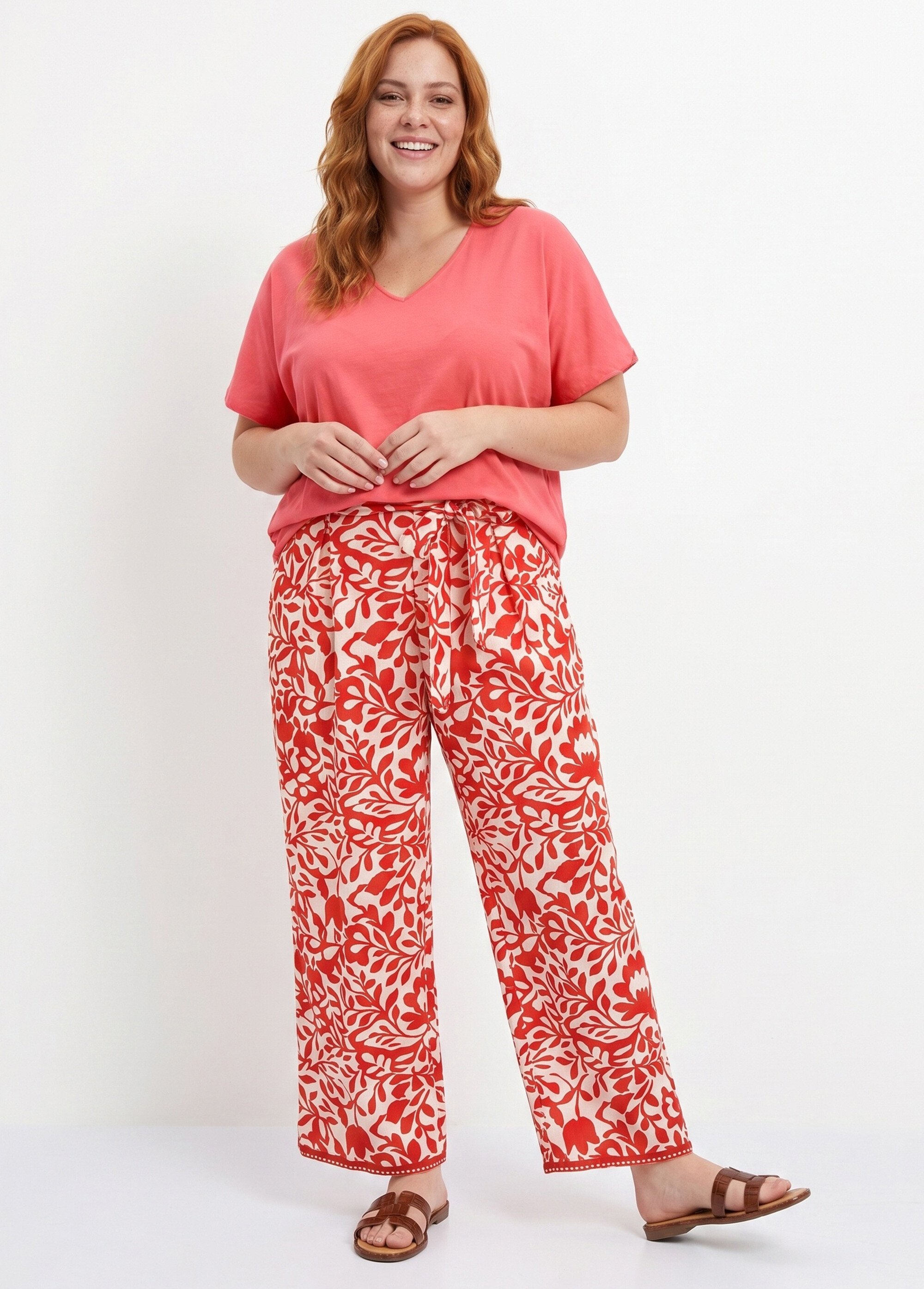 Pantalon taille haute imprimé feuillage Femme Grande Taille Orange MA-718-2597 MV1
