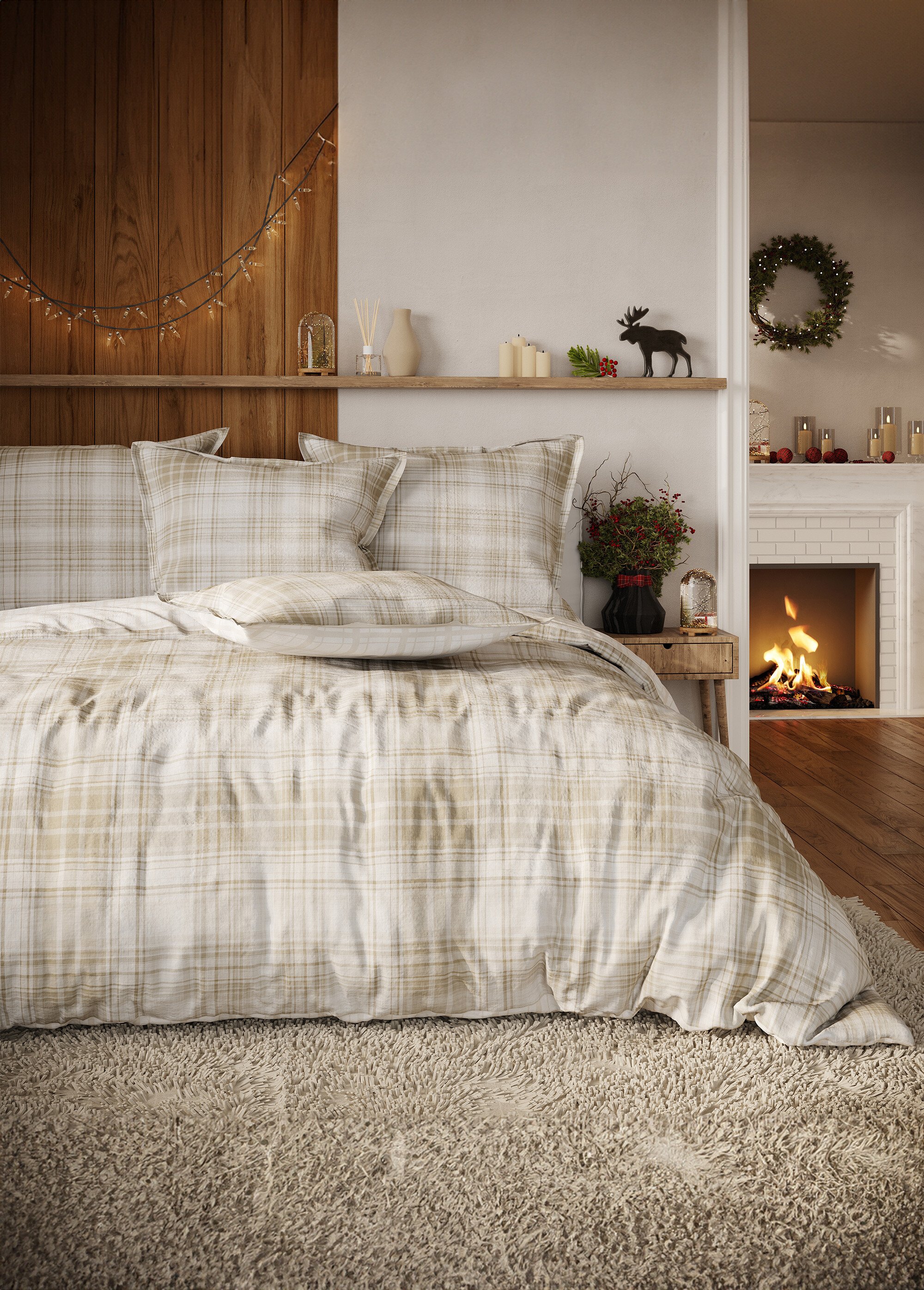 Parure de lit 4 pièces flanelle avec drap plat, carreaux