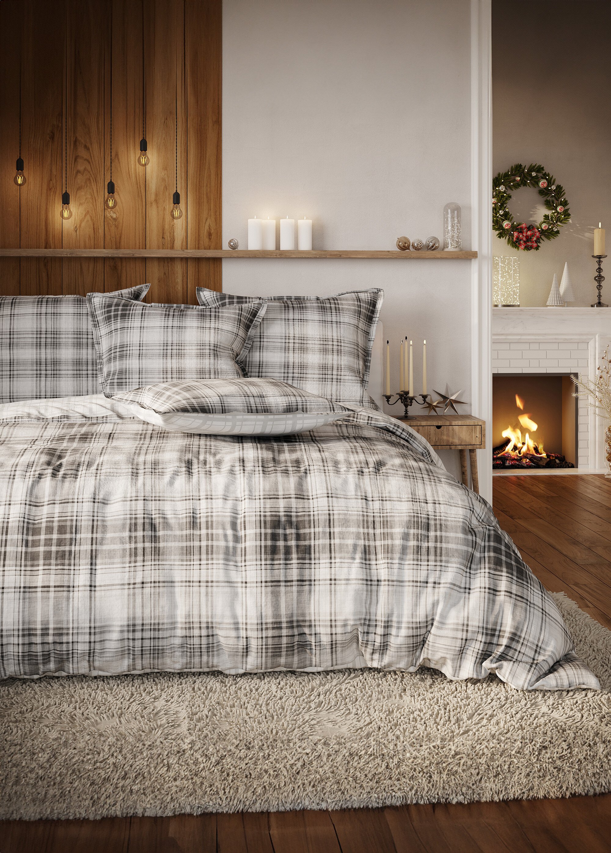 Parure de lit 4 pièces flanelle avec drap plat, carreaux