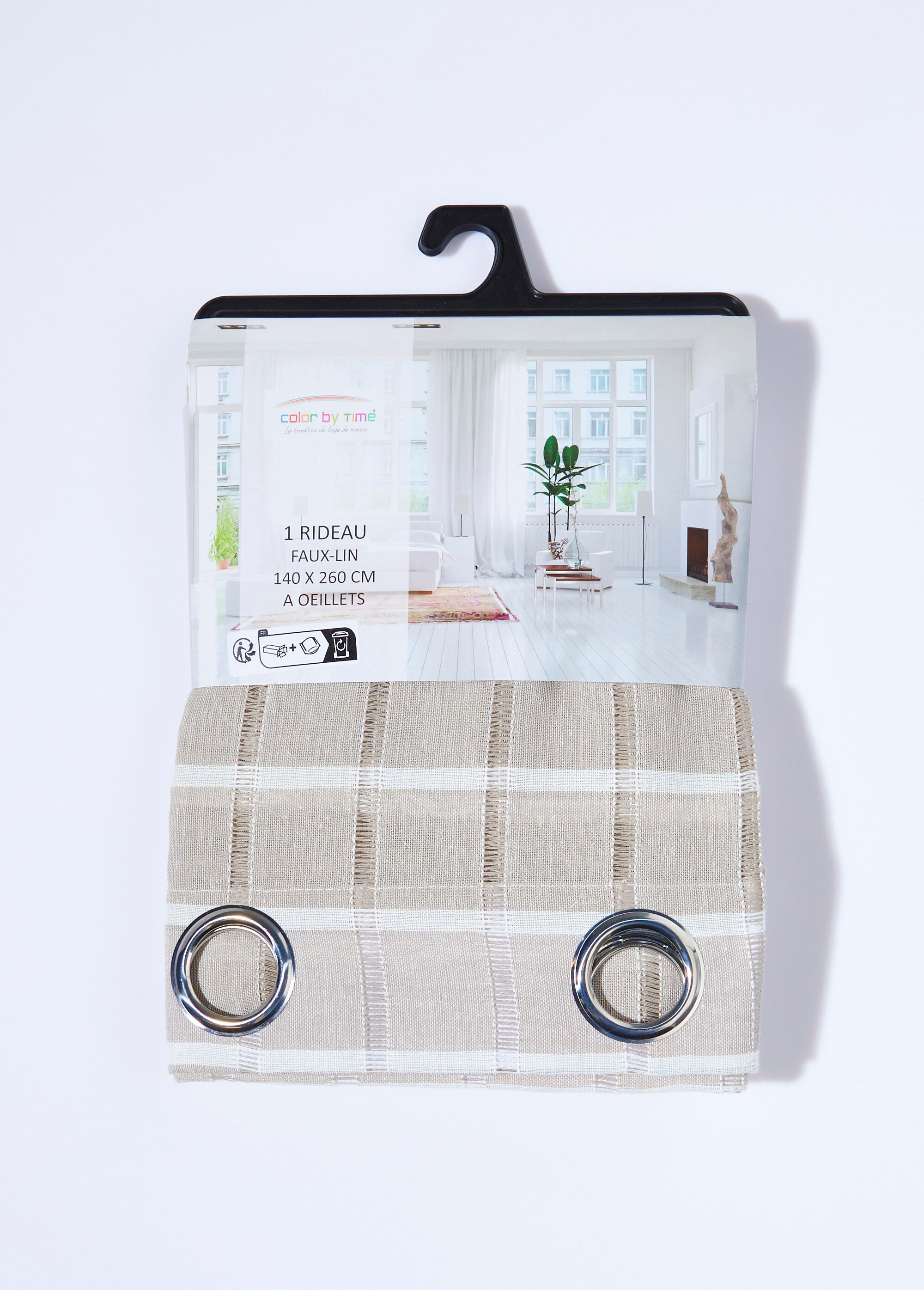 Rideau 1 panneau œillets carreaux jour Beige COT20068 DE2