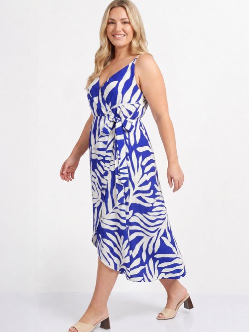 Robe à fines bretelles, motif feuillage Femme Bleu MA-760-1553 MV1