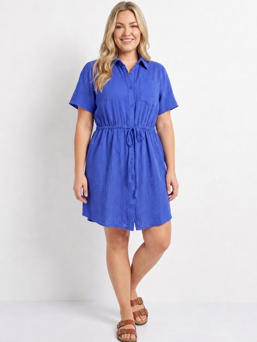 Robe chemisier ceinturée gaze de coton Femme Grande Taille Bleu MA-1008-83 FA1