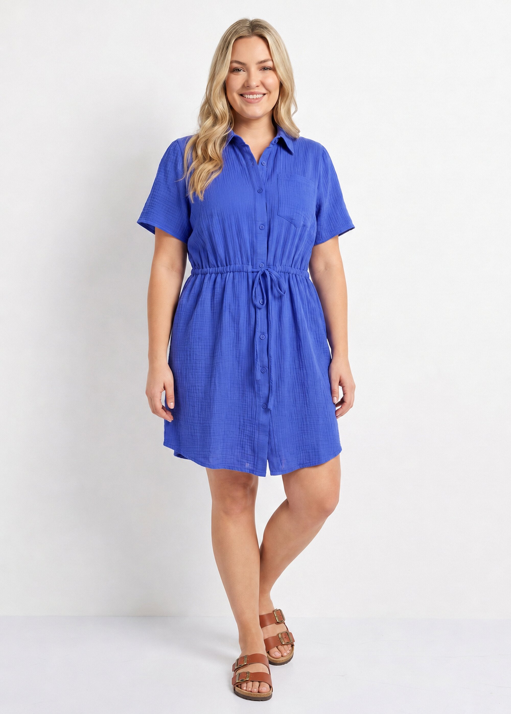 Robe chemisier ceinturée gaze de coton Femme Grande Taille Bleu MA-1008-83 FA1