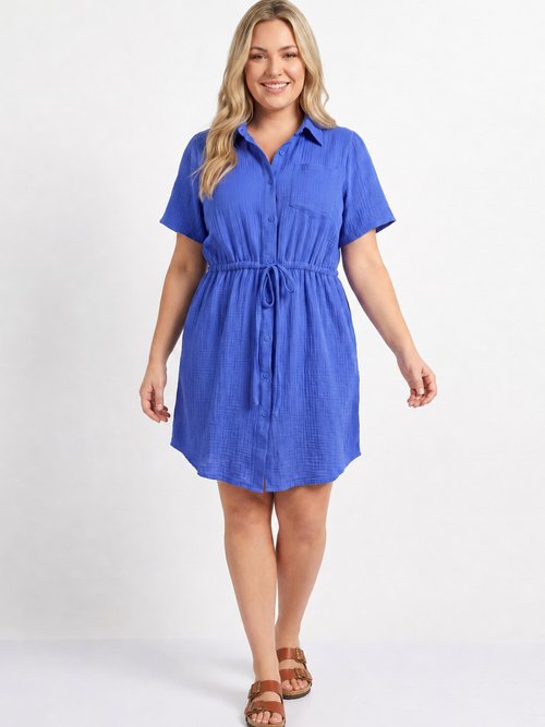 Robe chemisier ceinturée gaze de coton Femme Grande Taille Bleu MA-1008-83 MV1