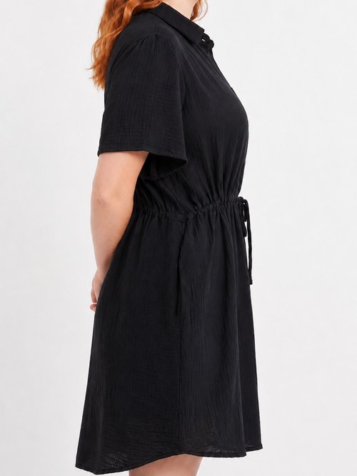 Robe chemisier ceinturée gaze de coton Femme Grande Taille Noir MA-1008-83 DE1