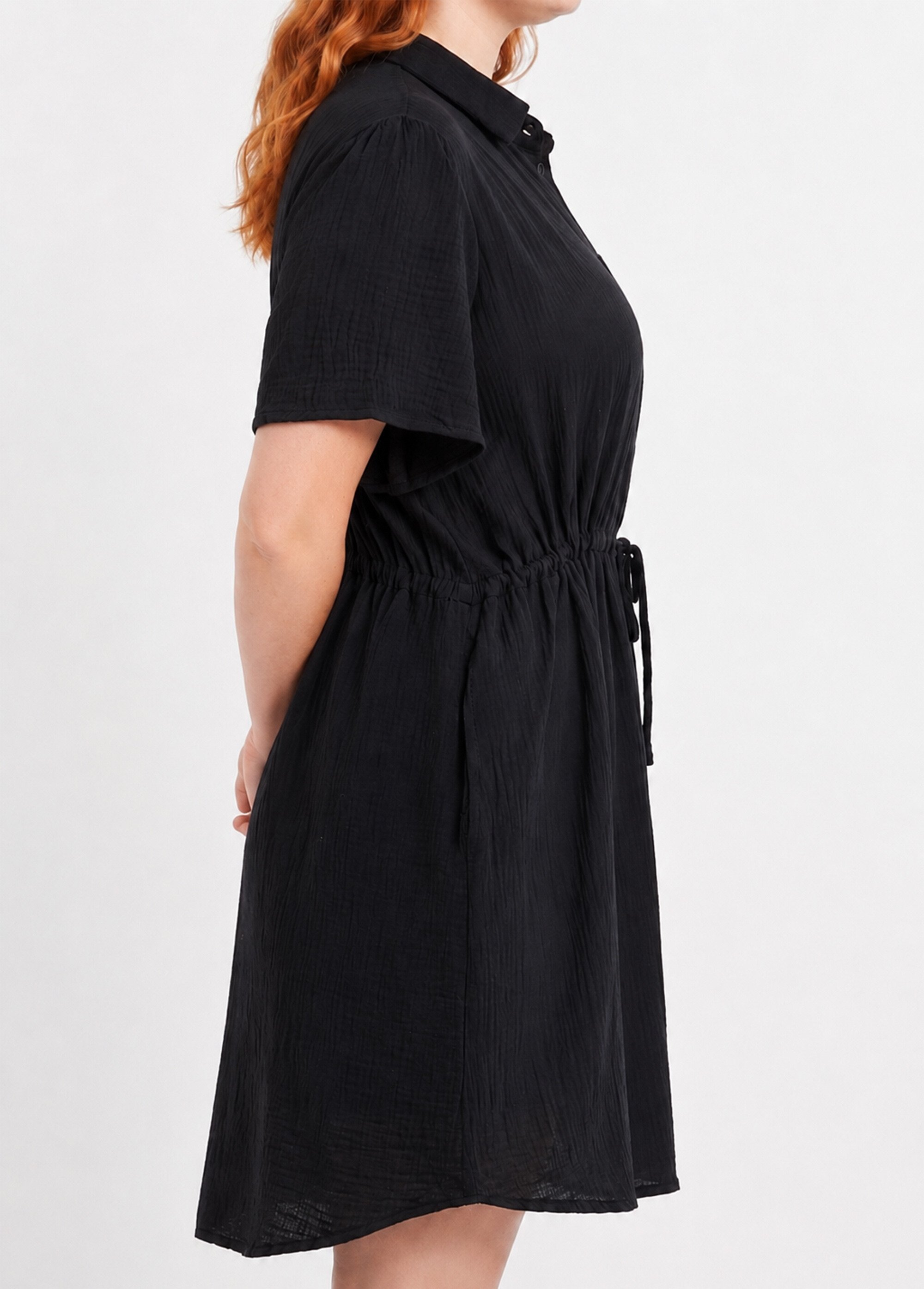 Robe chemisier ceinturée gaze de coton Femme Grande Taille Noir MA-1008-83 DE1