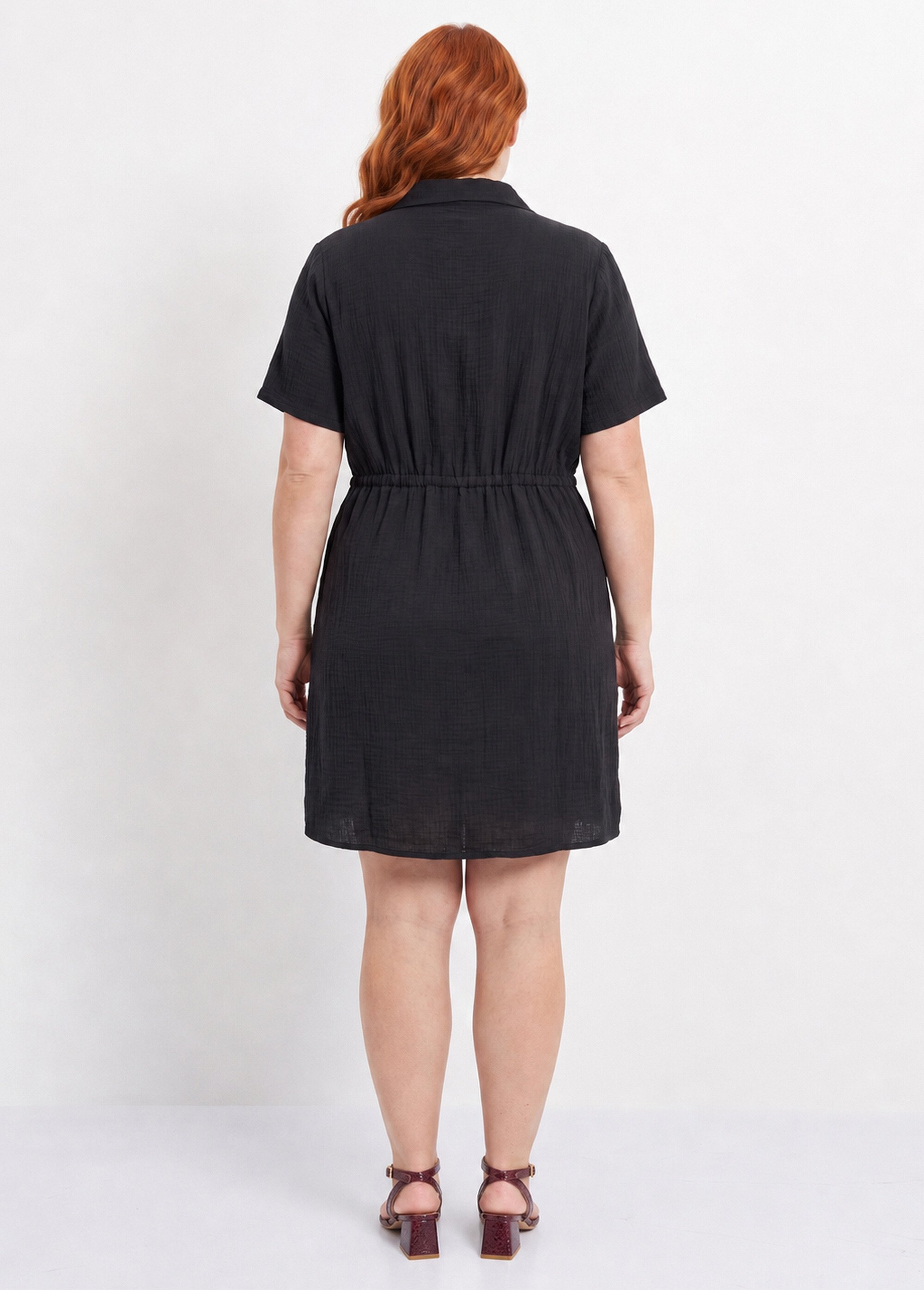 Robe chemisier ceinturée gaze de coton Femme Grande Taille Noir MA-1008-83 DO1