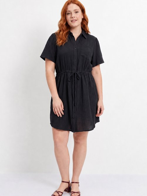 Robe chemisier ceinturée gaze de coton Femme Grande Taille Noir MA-1008-83 FA1