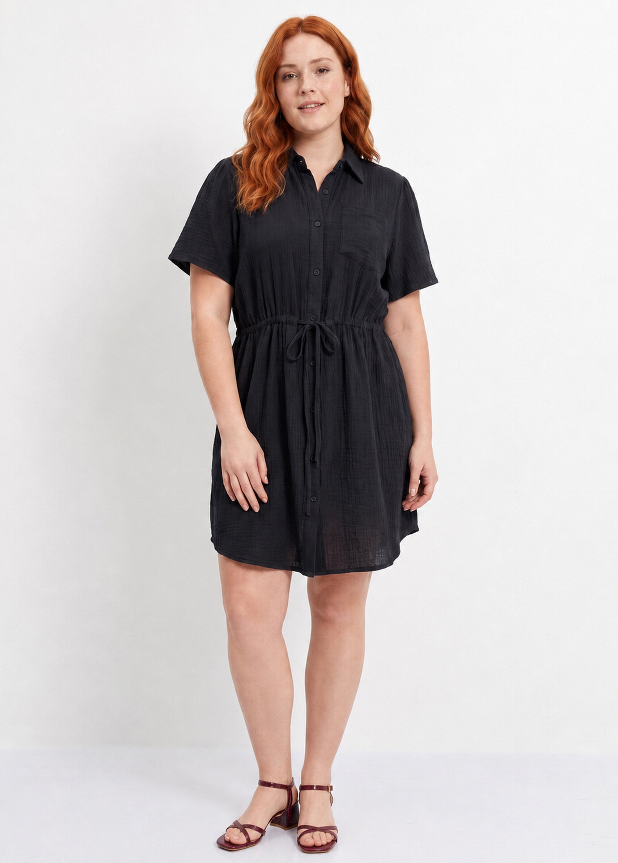 Robe chemisier ceinturée gaze de coton Femme Grande Taille Noir MA-1008-83 FA1