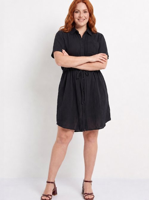 Robe chemisier ceinturée gaze de coton Femme Grande Taille Noir MA-1008-83 MV1