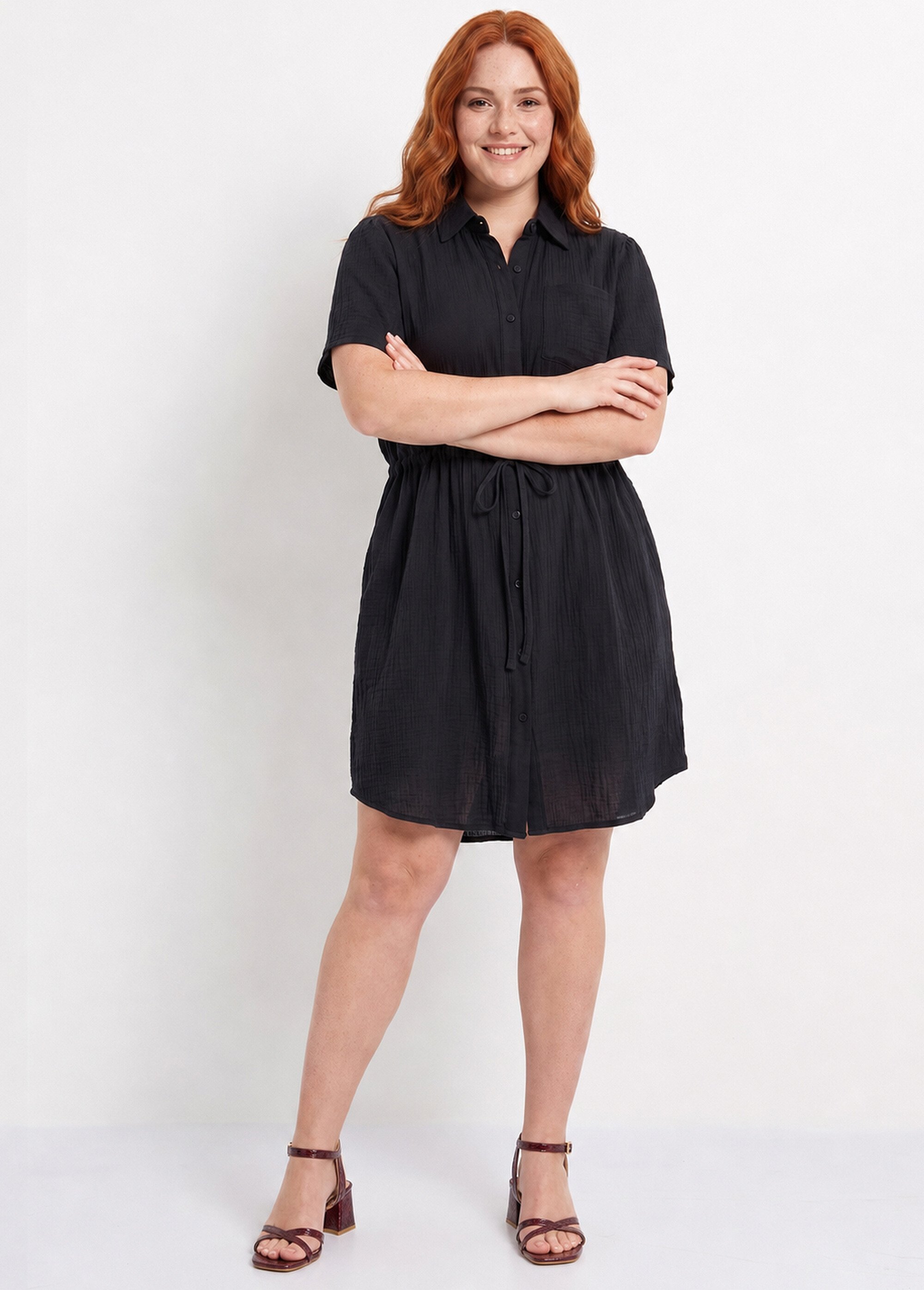 Robe chemisier ceinturée gaze de coton Femme Grande Taille Noir MA-1008-83 MV1