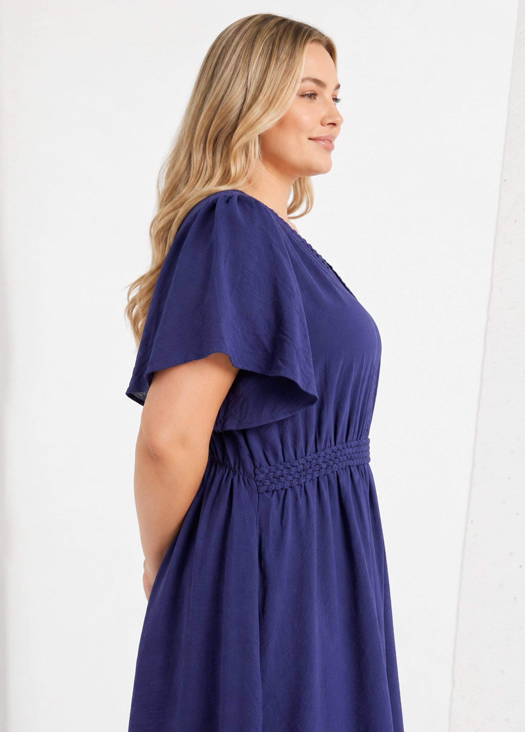 Robe courte col V, avec ganse tressée Femme Grande Taille Bleu MA-M1279-2196 DE1