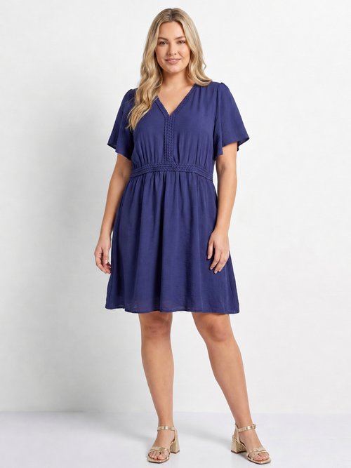 Robe courte col V, avec ganse tressée Femme Grande Taille Bleu MA-M1279-2196 FA1