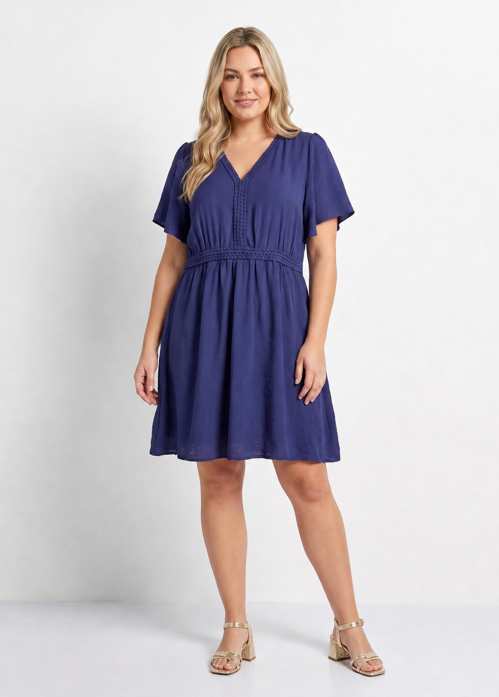 Robe courte col V, avec ganse tressée Femme Grande Taille Bleu MA-M1279-2196 FA1
