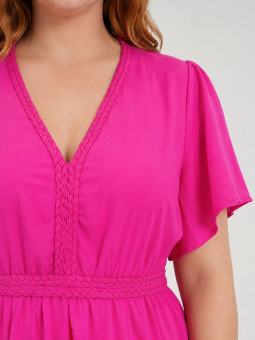 Robe courte col V, avec ganse tressée Femme Grande Taille Rose MA-M1279-2196 DE1