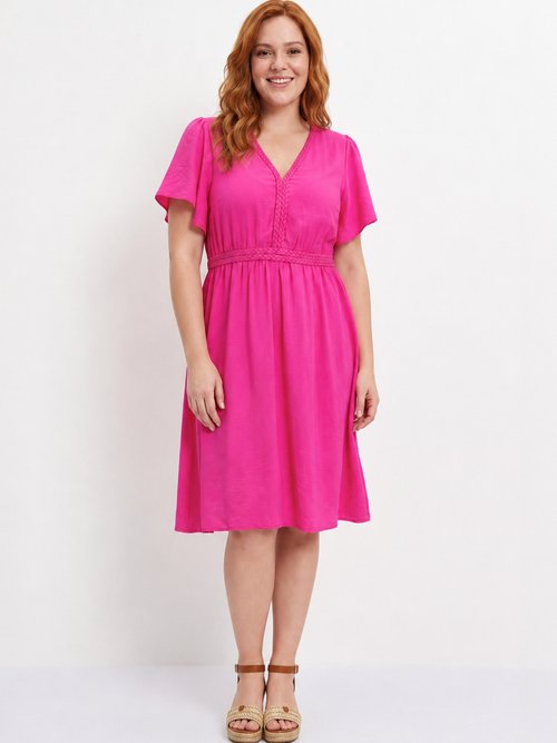 Robe courte col V, avec ganse tressée Femme Grande Taille Rose MA-M1279-2196 FA1