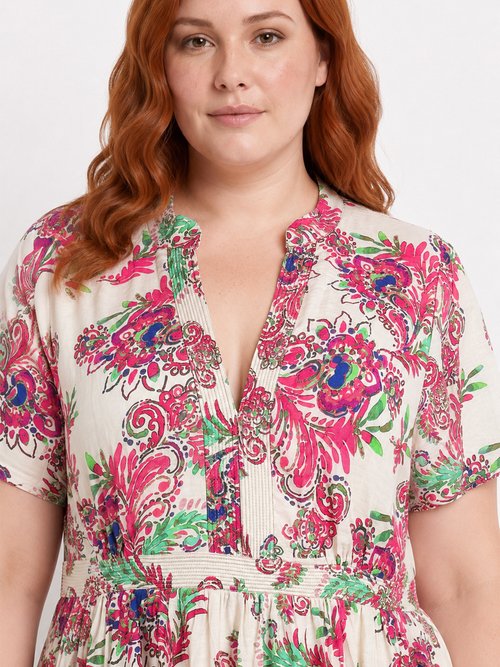 Robe longue imprimée, détails surpiqués Femme Grande Taille Beige MA-M1158-2550 DE1