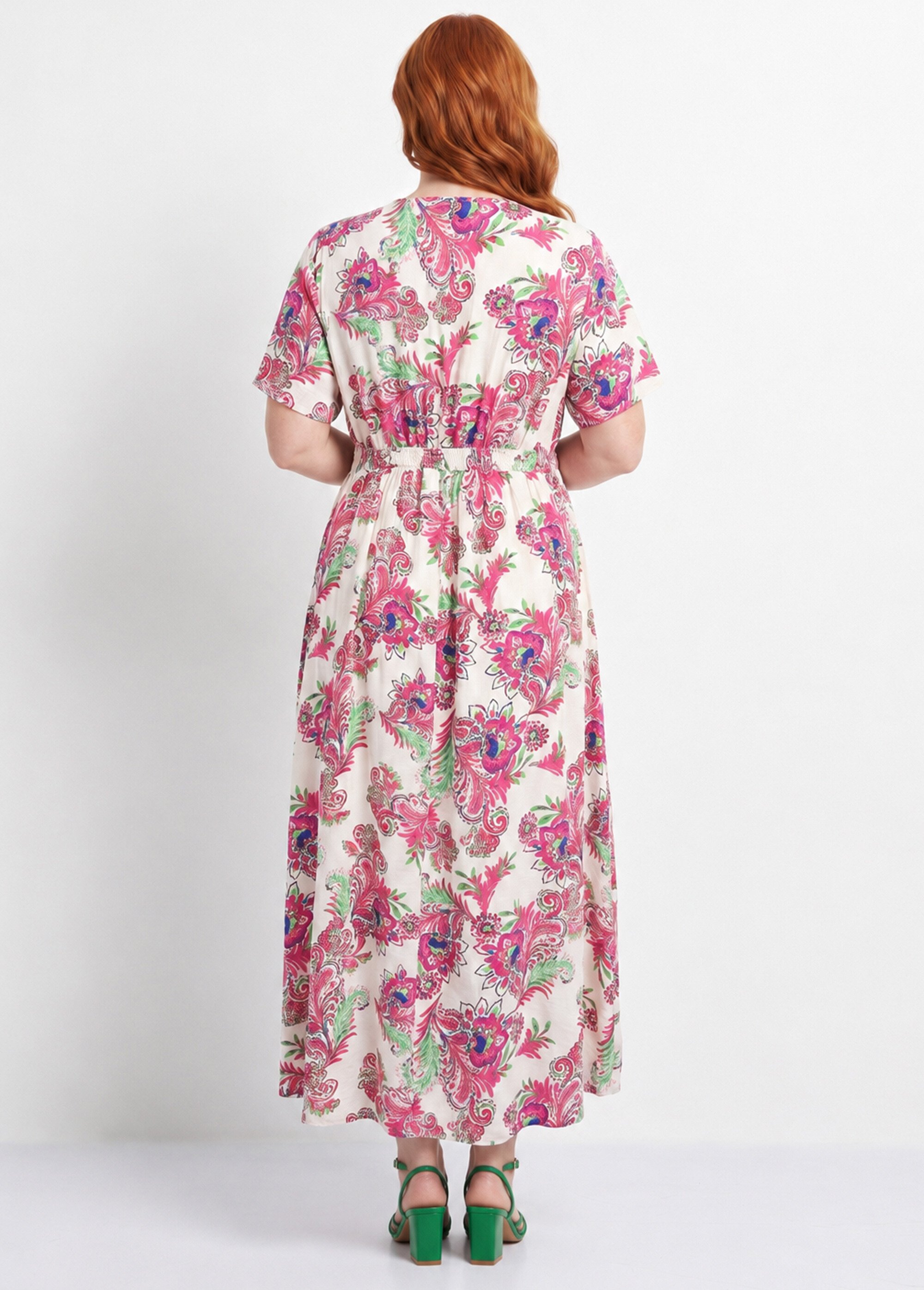 Robe longue imprimée, détails surpiqués Femme Grande Taille Beige MA-M1158-2550 DO1