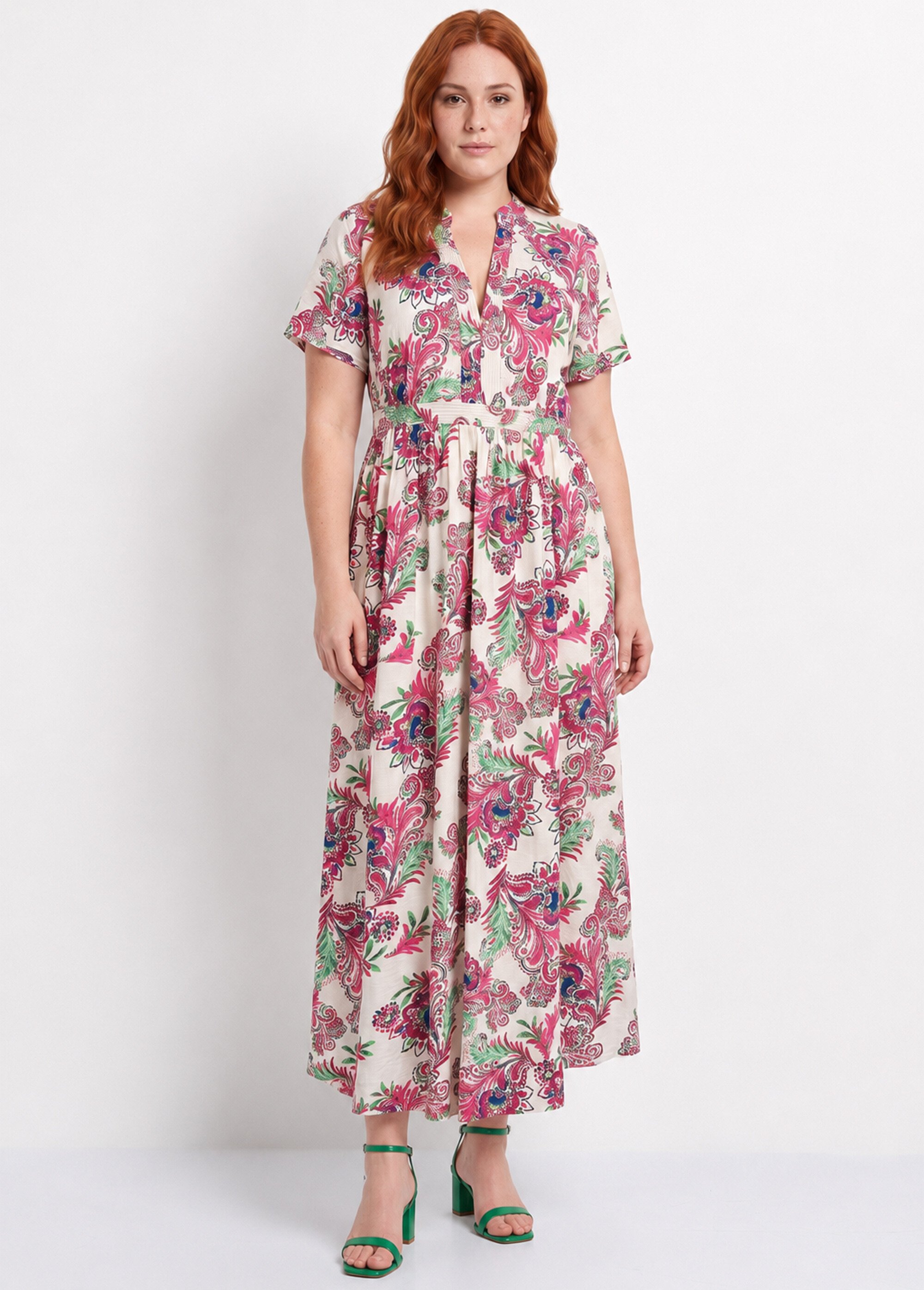 Robe longue imprimée, détails surpiqués Femme Grande Taille Beige MA-M1158-2550 FA1