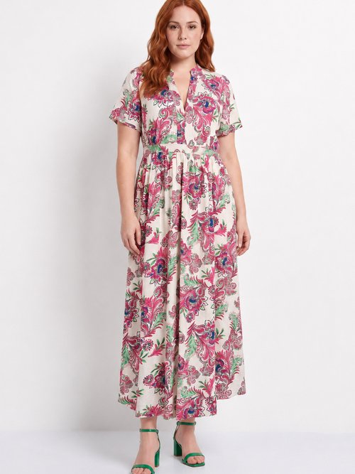 Robe longue imprimée, détails surpiqués Femme Grande Taille Beige MA-M1158-2550 FA1
