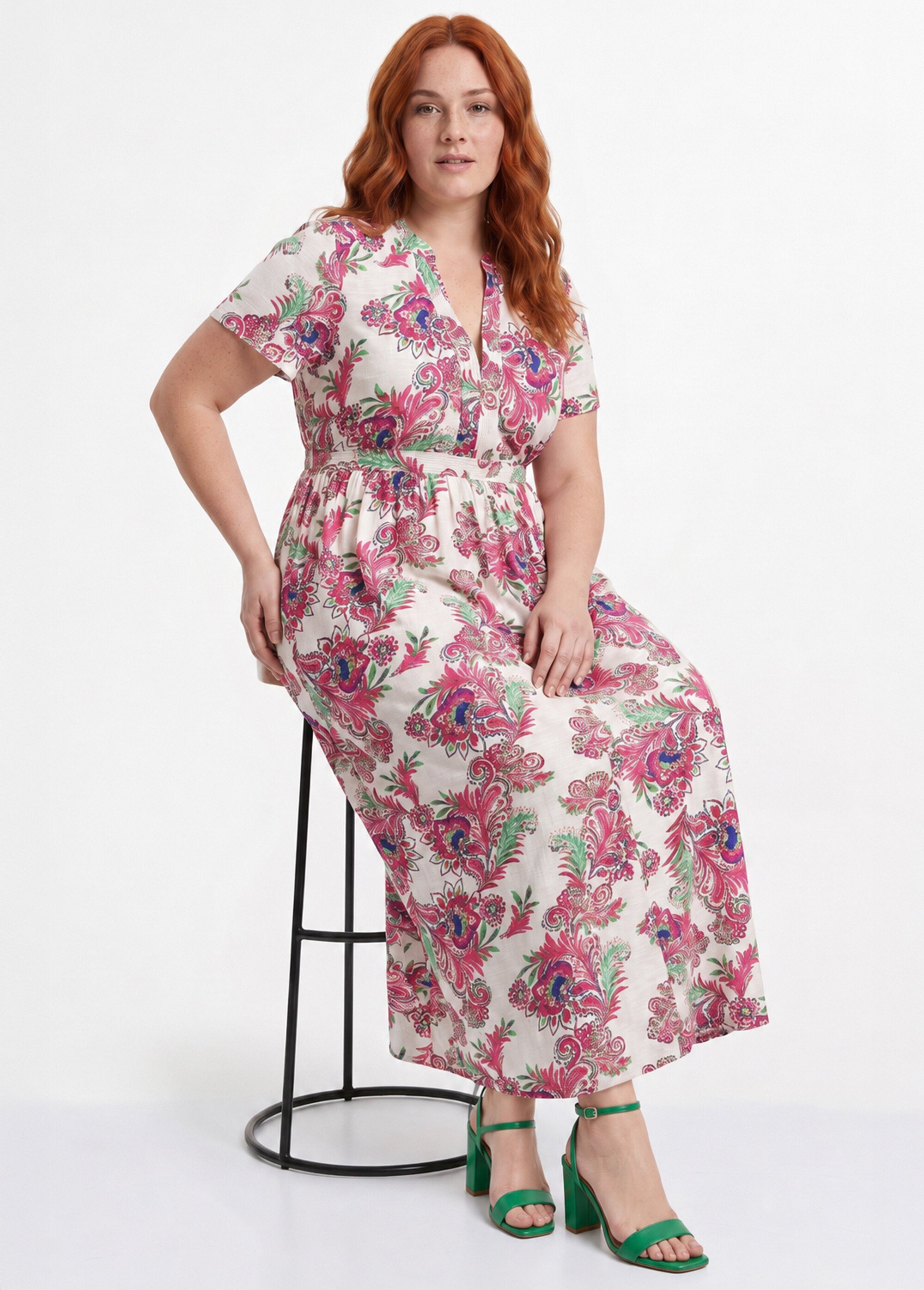 Robe longue imprimée, détails surpiqués Femme Grande Taille Beige MA-M1158-2550 MV1