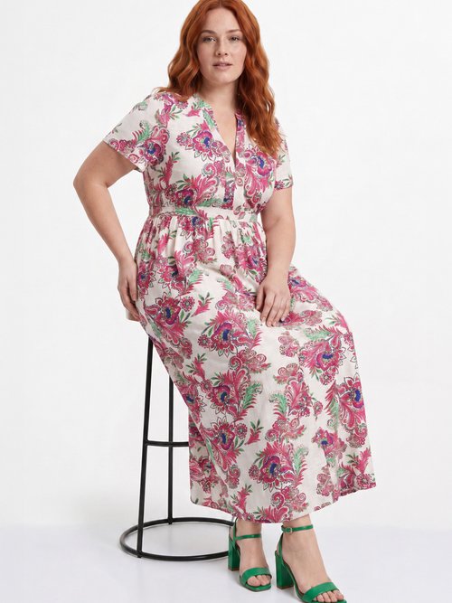 Robe longue imprimée, détails surpiqués Femme Grande Taille Beige MA-M1158-2550 MV1