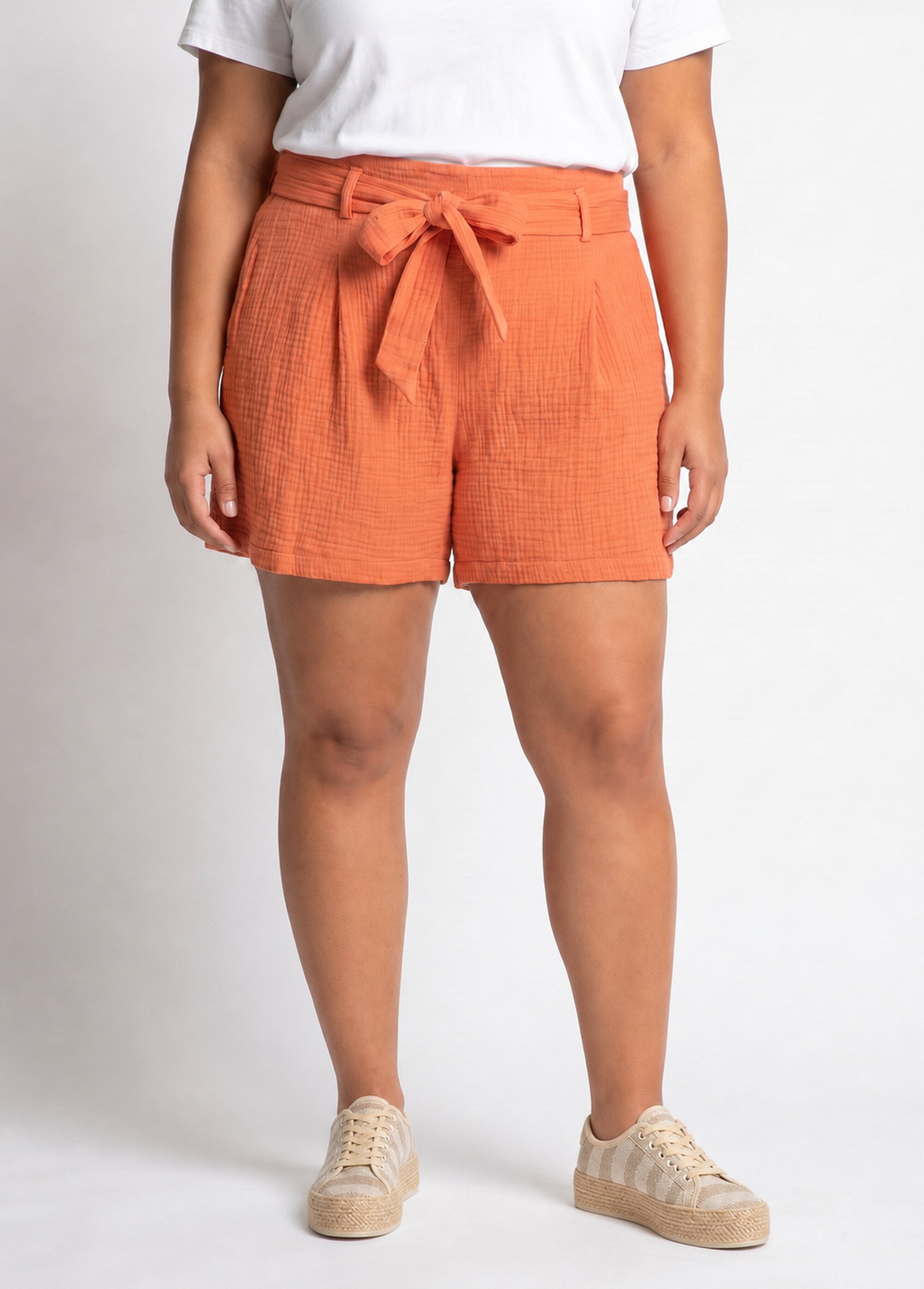 Short taille ceinturée en gaze de coton Femme Grande Taille Rose MA-615-83 FA1