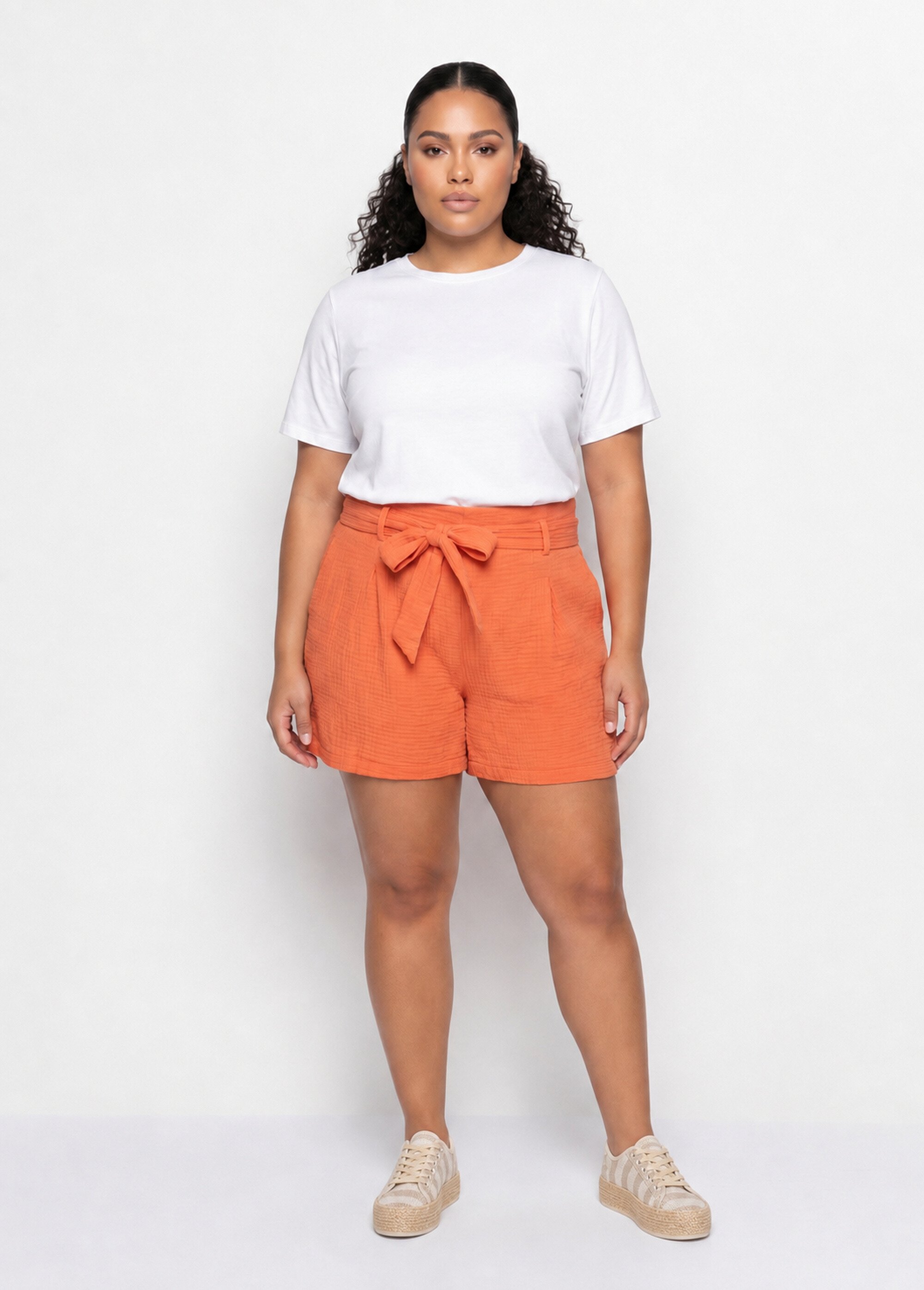 Short taille ceinturée en gaze de coton Femme Grande Taille Rose MA-615-83 SI1