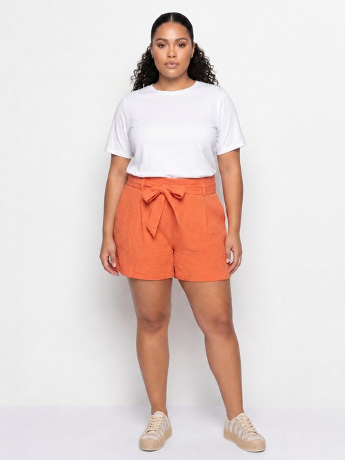 Short taille ceinturée en gaze de coton Femme Grande Taille Rose MA-615-83 SI1
