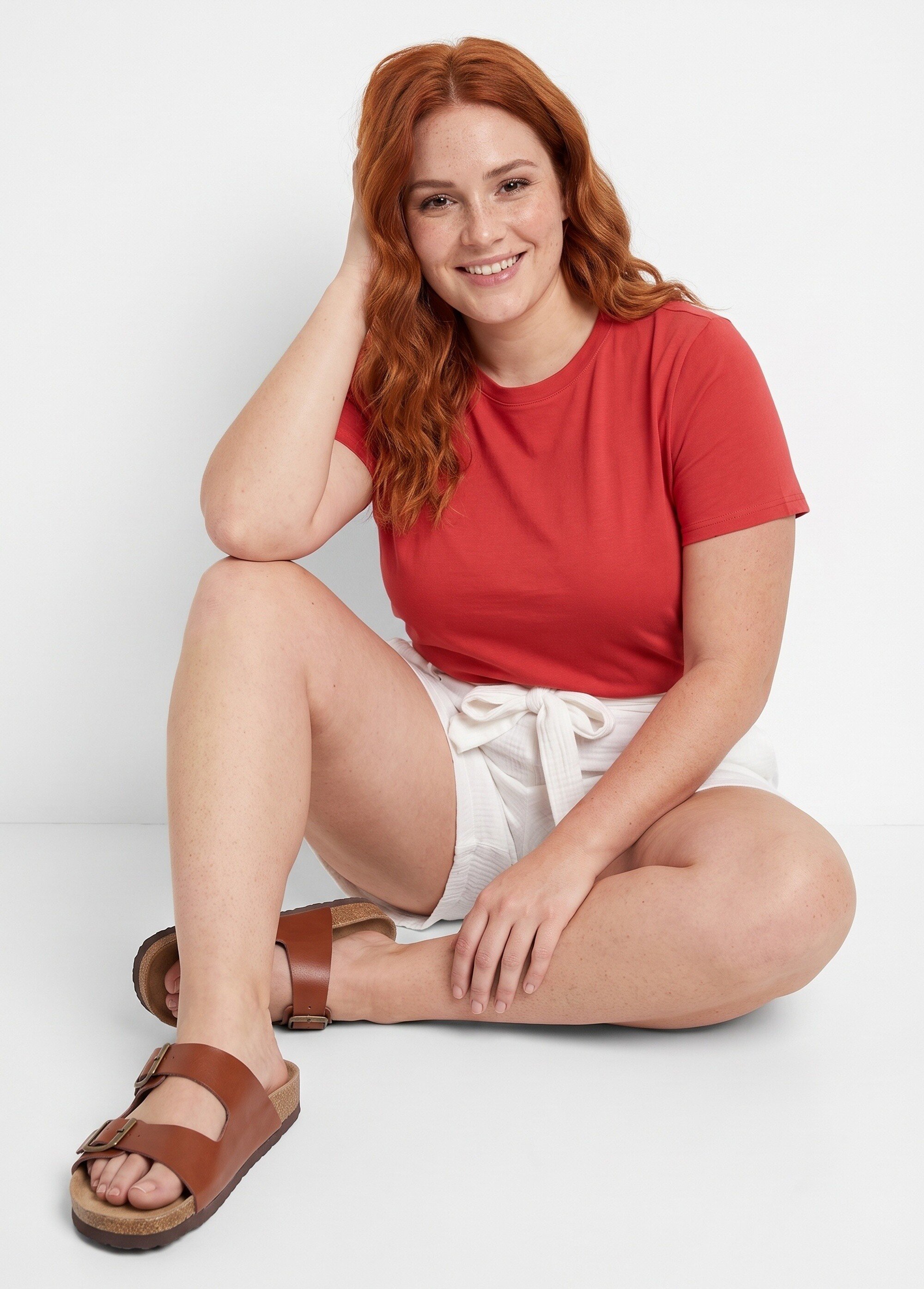 Short taille ceinturée en gaze de coton Femme Grande Taille Blanc MA-615-83 MV1