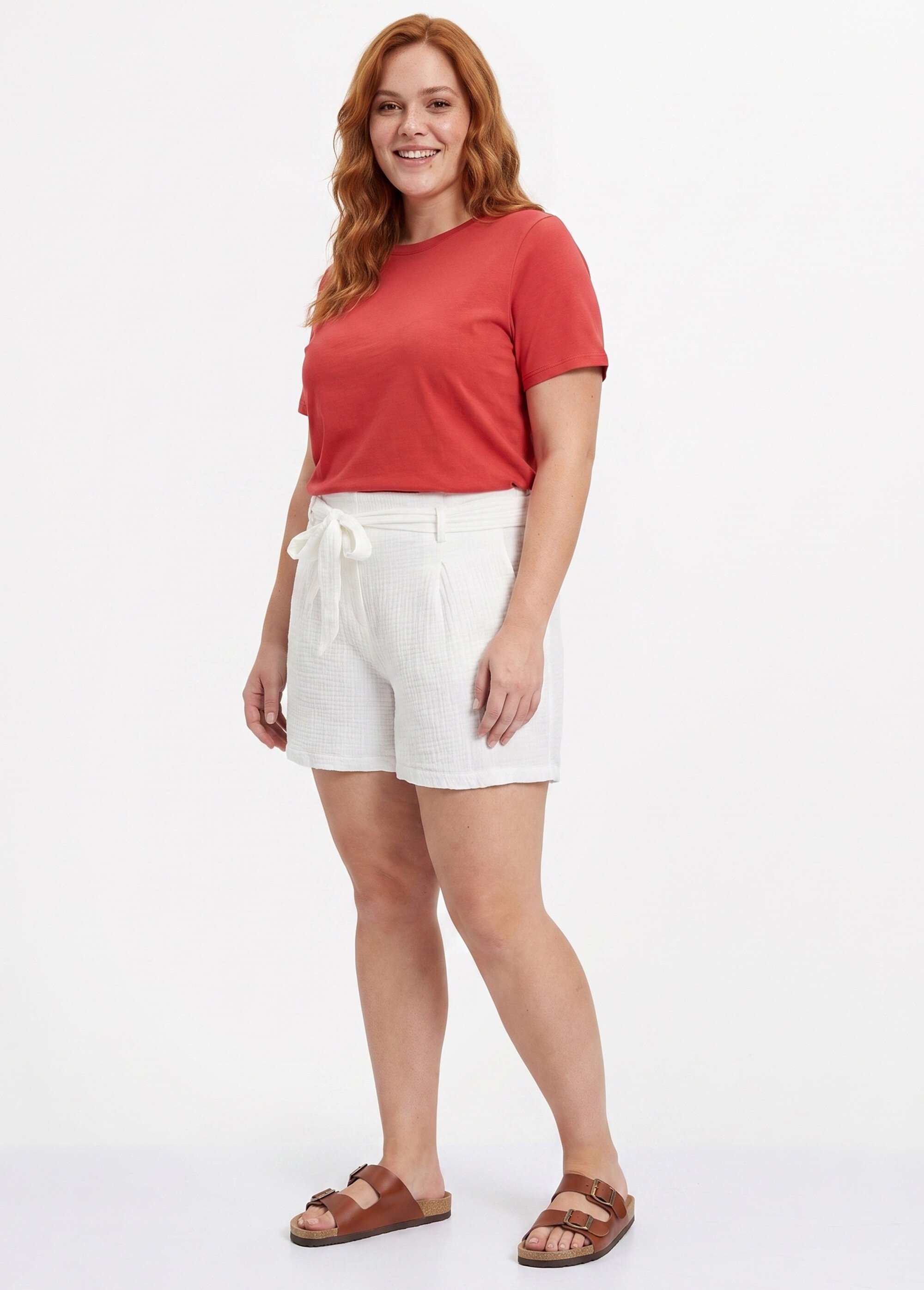 Short taille ceinturée en gaze de coton Femme Grande Taille Blanc MA-615-83 SI1