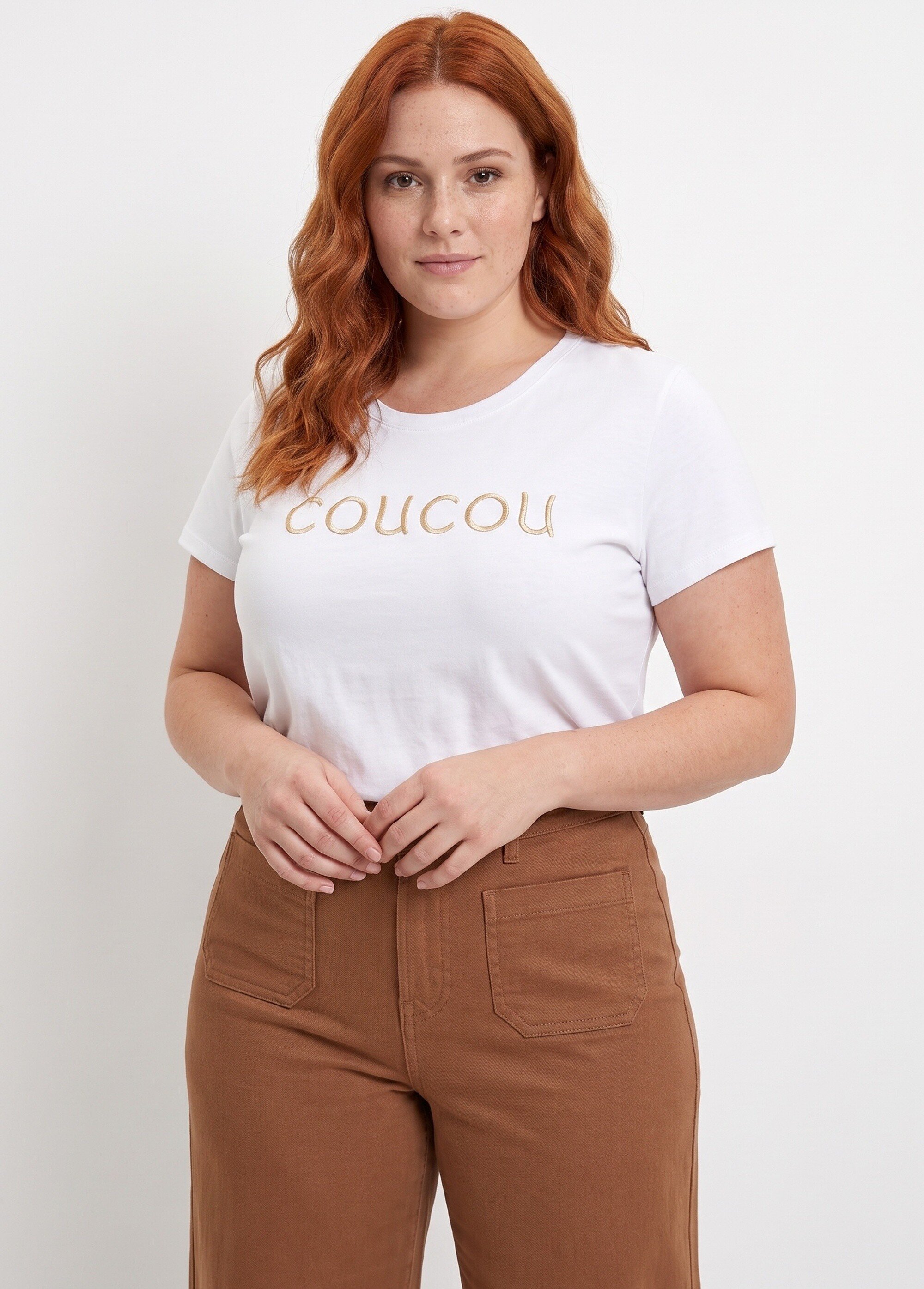T-shirt col rond avec broderie Coucou Femme Grande Taille Blanc MA-T003 FA1