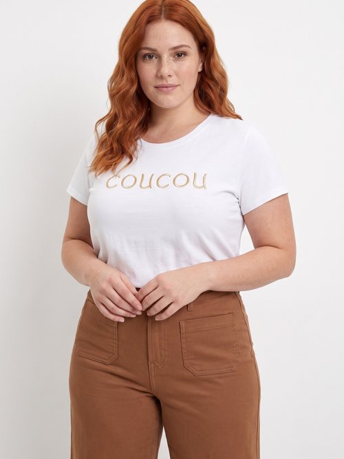 T-shirt col rond avec broderie Coucou Femme Grande Taille Blanc MA-T003 FA1