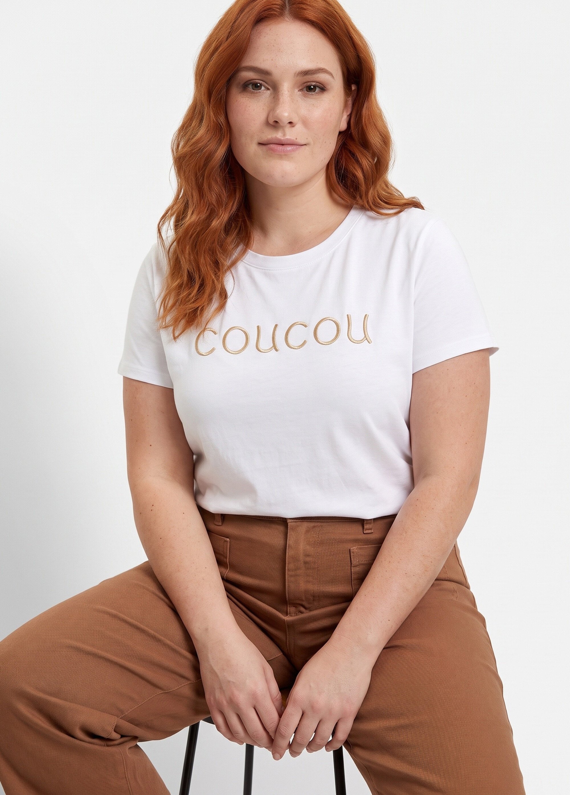 T-shirt col rond avec broderie Coucou Femme Grande Taille Blanc MA-T003 MV1
