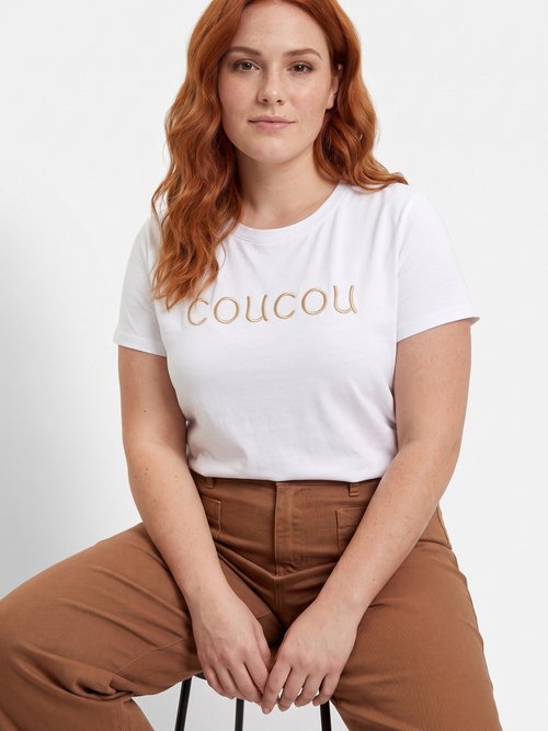 T-shirt col rond avec broderie Coucou Femme Grande Taille Blanc MA-T003 MV1