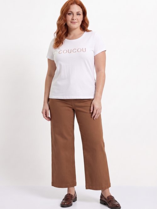 T-shirt col rond avec broderie Coucou Femme Grande Taille Blanc MA-T003 SI1
