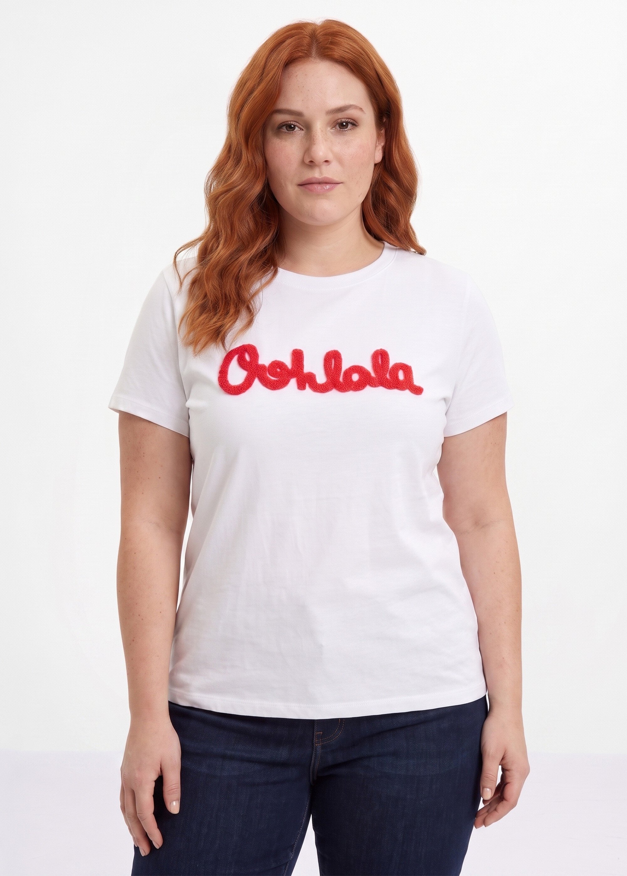 T-shirt col rond avec broderie Oh la la Femme Grande Taille Blanc MA-T006 FA1