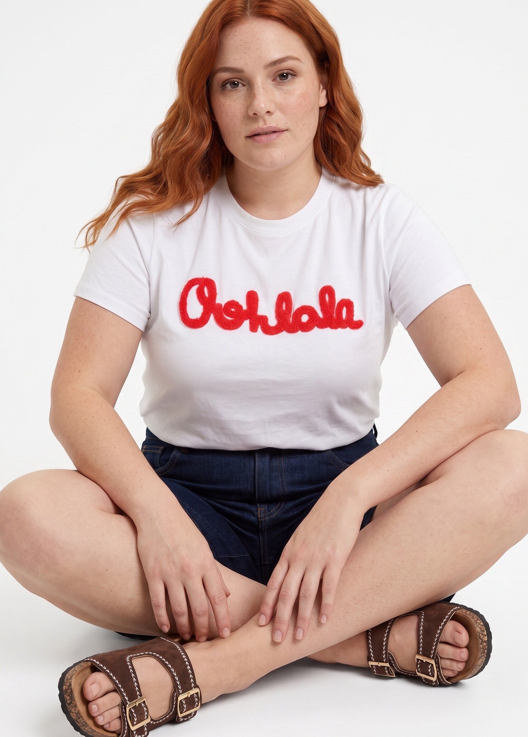 T-shirt col rond avec broderie Oh la la Femme Grande Taille Blanc MA-T006 MV1