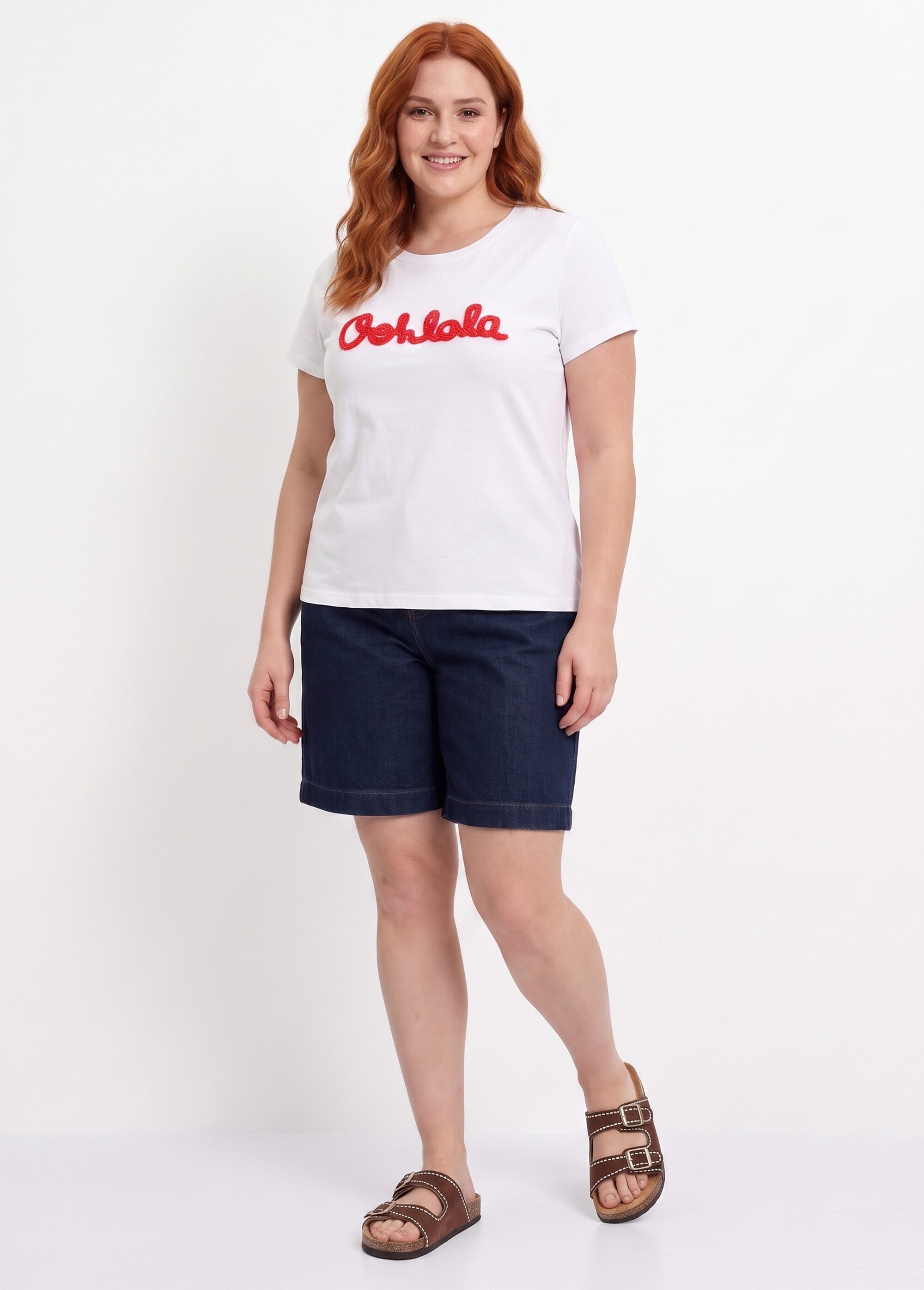 T-shirt col rond avec broderie Oh la la Femme Grande Taille Blanc MA-T006 SI1