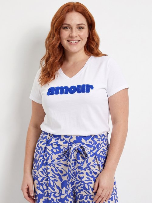 T-shirt encolure V avec broderie Amour Femme Grande Taille Blanc MA-T005 FA1