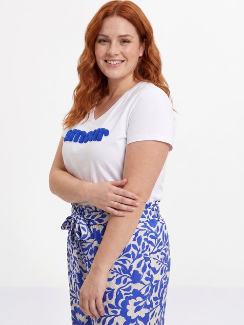 T-shirt encolure V avec broderie Amour Femme Grande Taille Blanc MA-T005 MV1