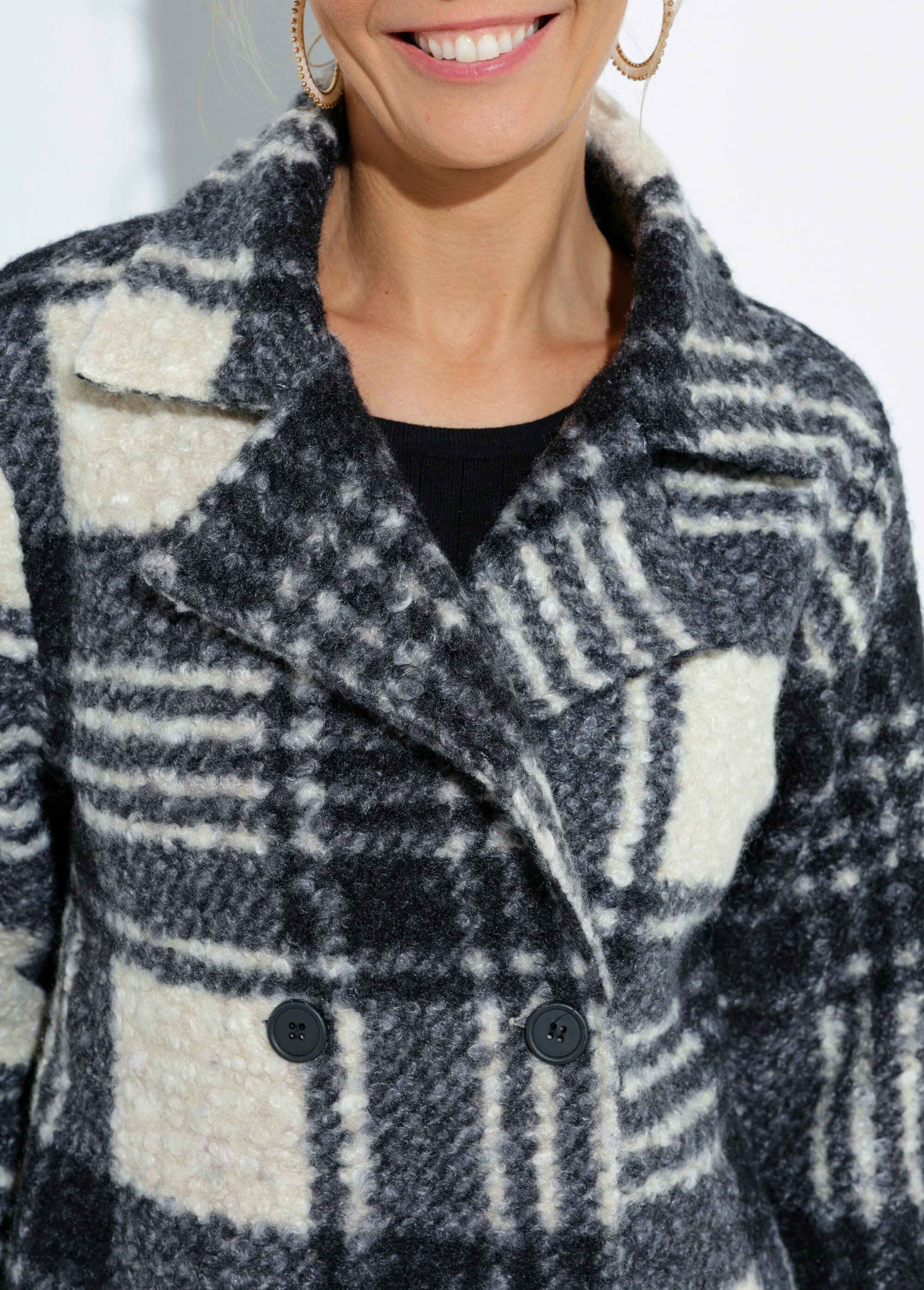 Caban carreaux long façon laine bouclée Femme Noir TM-CABAKRO DE1