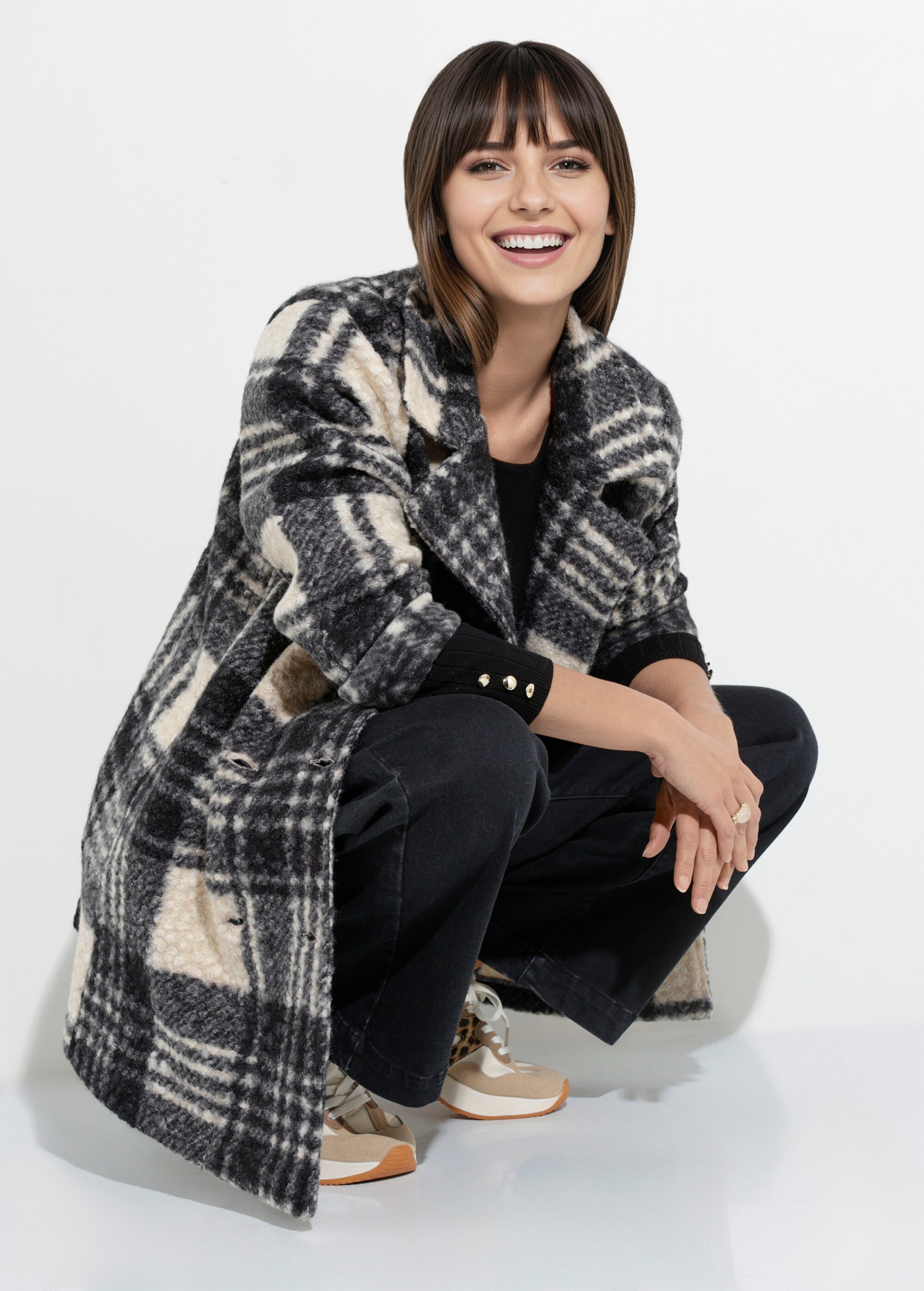 Caban carreaux long façon laine bouclée