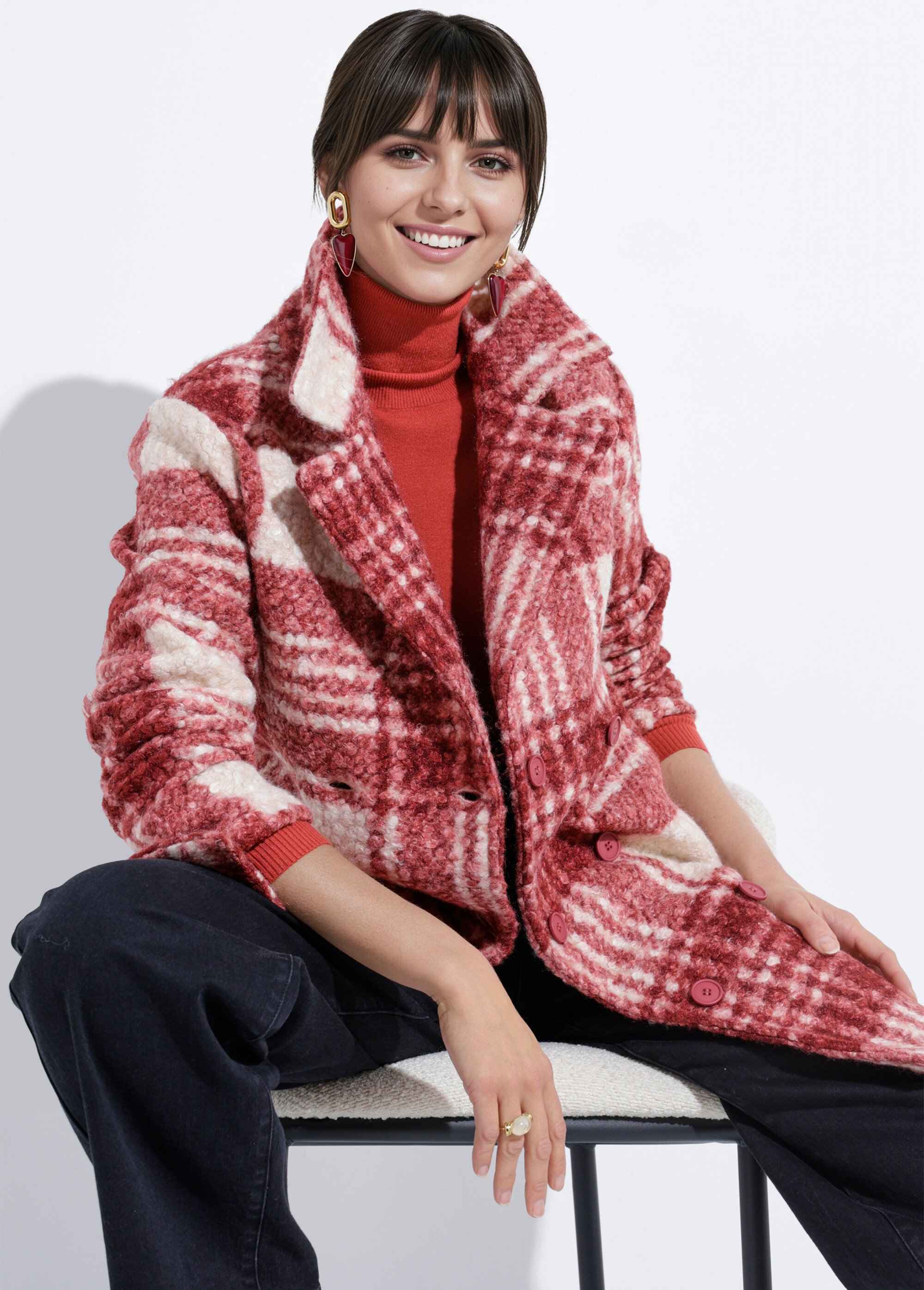 Caban carreaux long façon laine bouclée