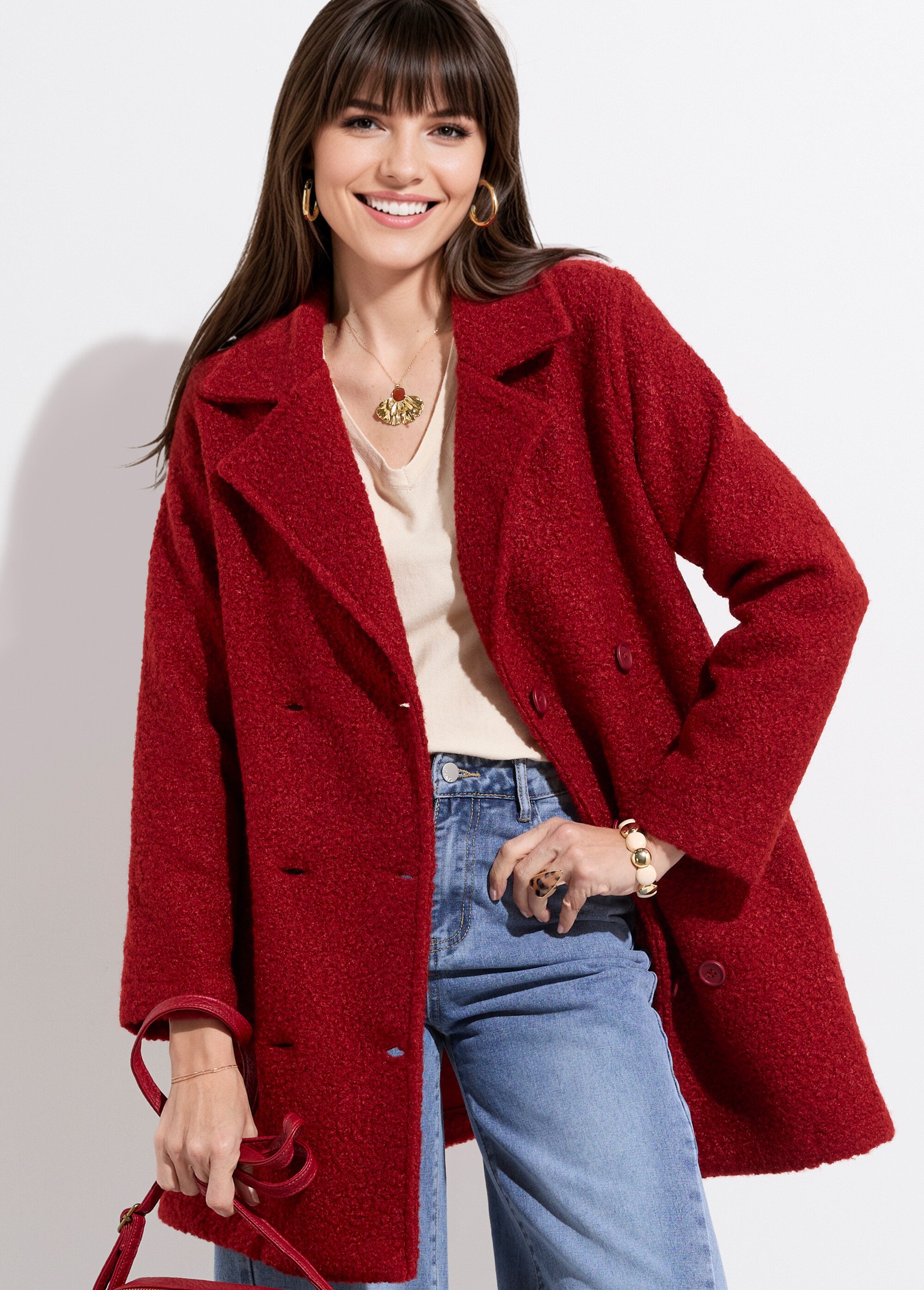 Caban long uni façon laine bouclée